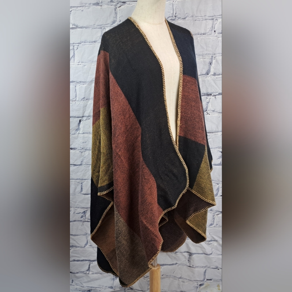 Danier Womens Cape Poncho Boho Wrap Blanket Shawl Open Front Colorblock One Size - Picture 12 of 13